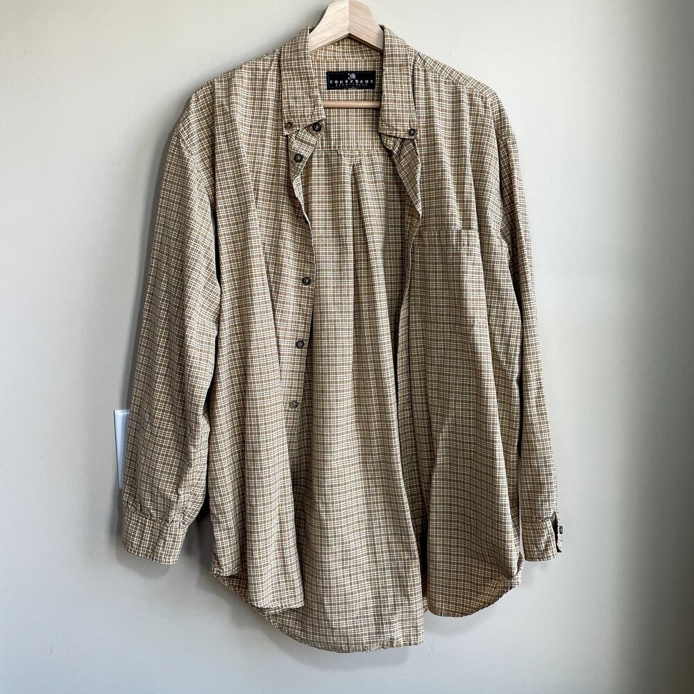 Consensus sportswear orange checkered button‎ down long sleeved shirt men's L